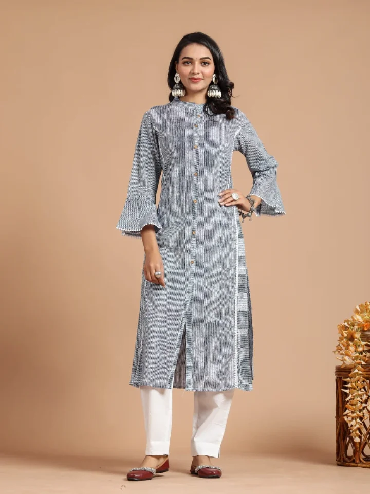 front slit a-line kurta narrow pants cotton suit set — hand block printed Bagru Jaipur SA Fab