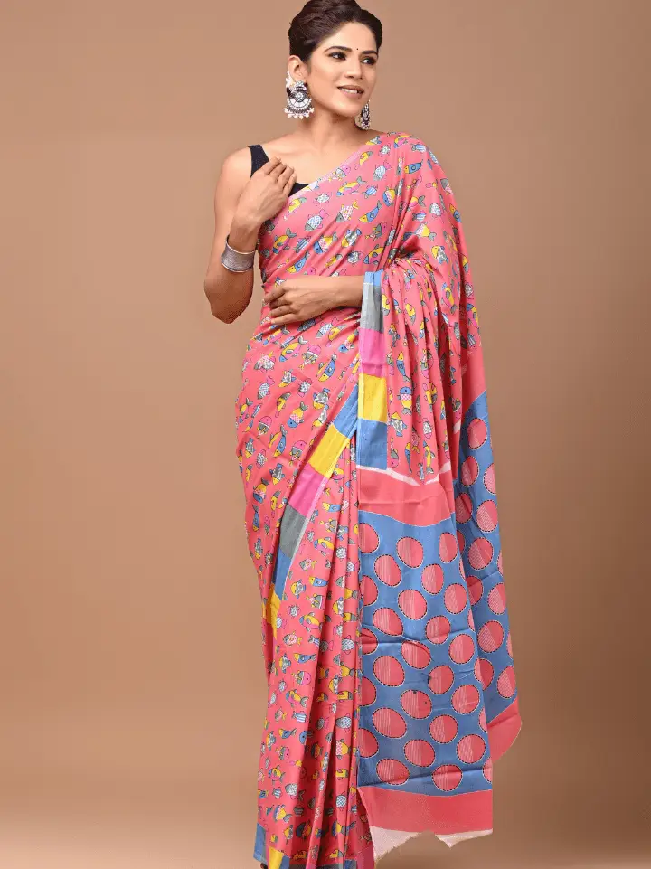 pink cotton saree fish motifs hand block printed Bagru Jaipur SA Fab