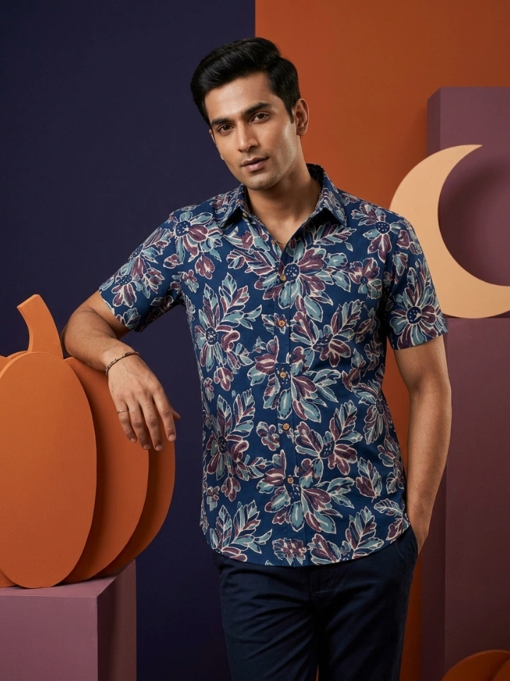 Indigo floral print half sleeve shirt for men — pure cotton hand block printed in Bagru, Jaipur | SA Fab