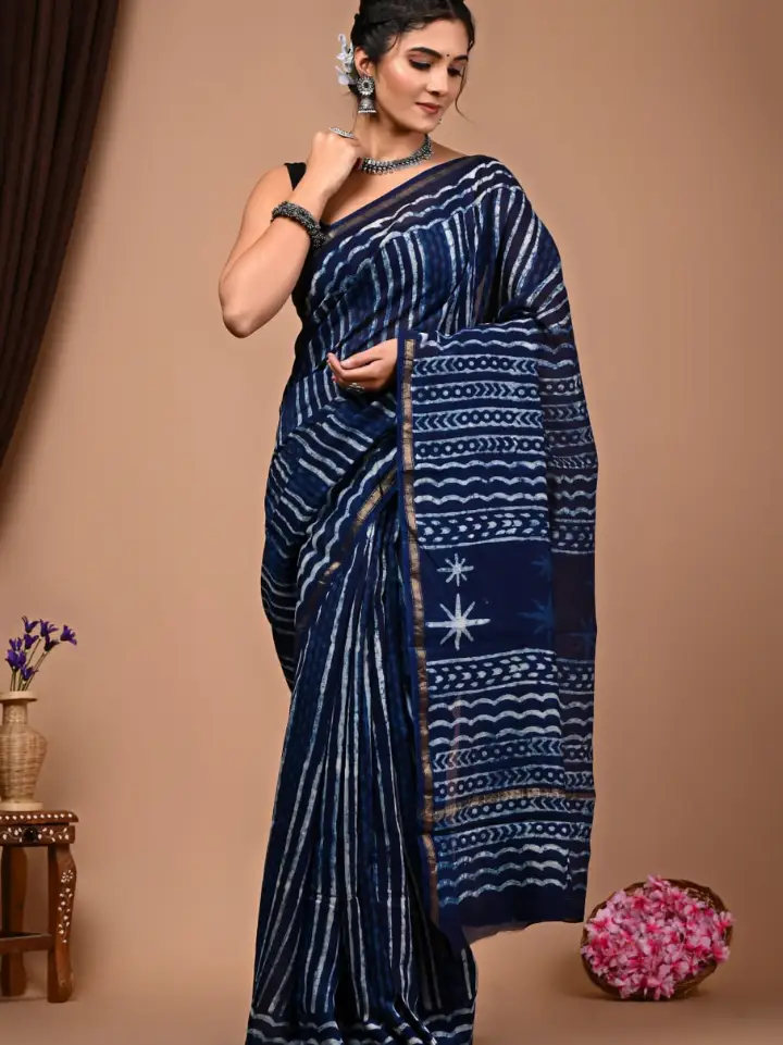 dark blue chanderi katan silk saree white linear pattern hand block printed Bagru Jaipur SA Fab with blouse