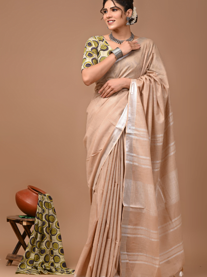 Plain Cotton Linen Sarees With Ajrakh Blouse