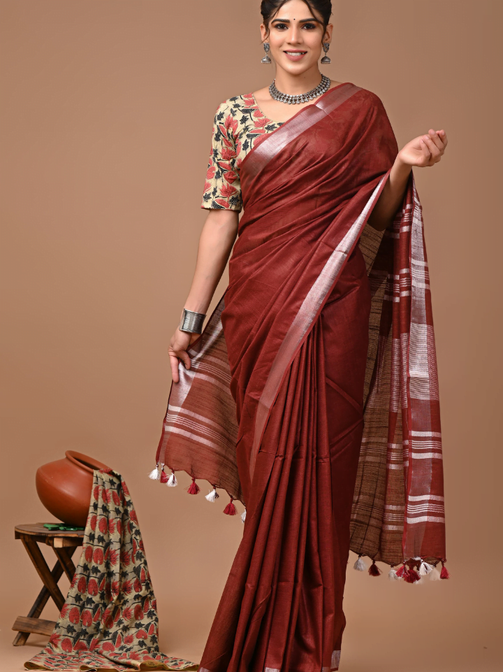 Plain Cotton Linen Sarees With Ajrakh Blouse