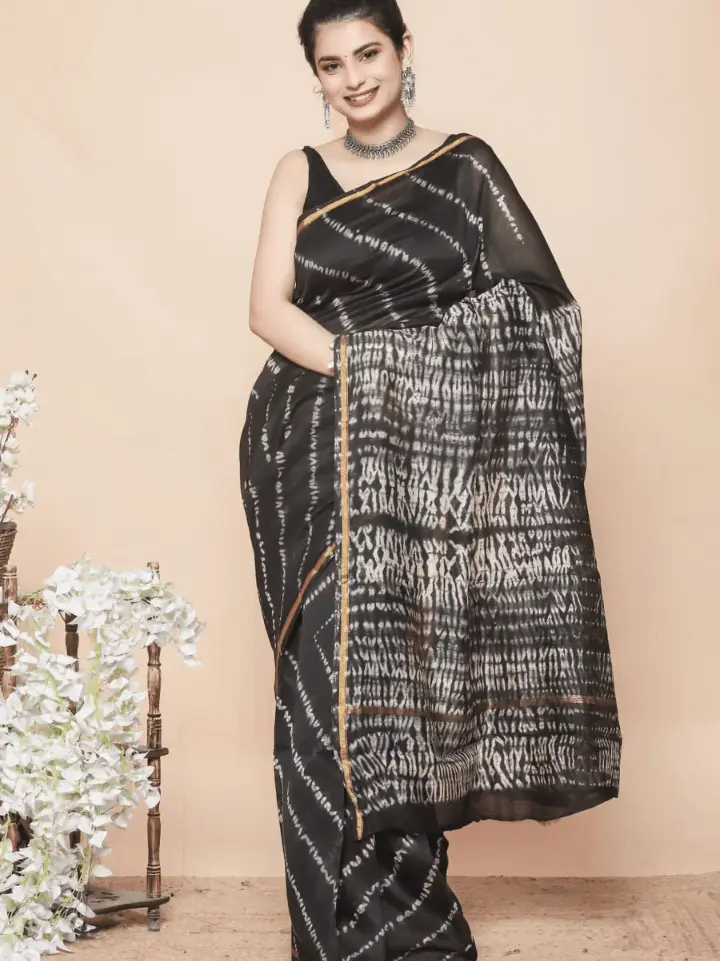 black chanderi silk saree hand block printed Bagru Jaipur SA Fab