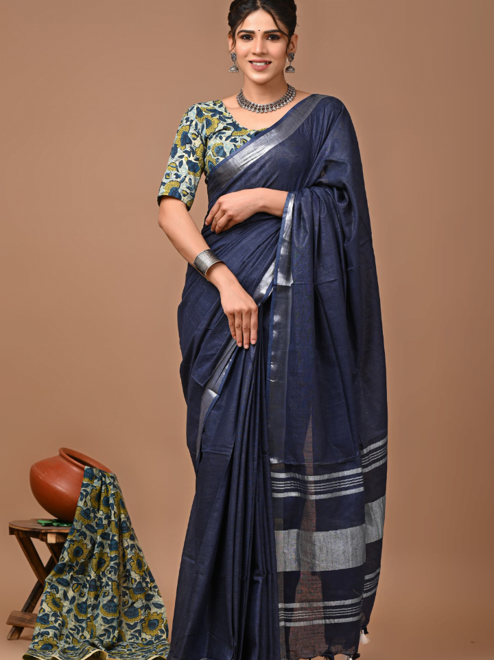 Plain Cotton Linen Sarees With Ajrakh Blouse