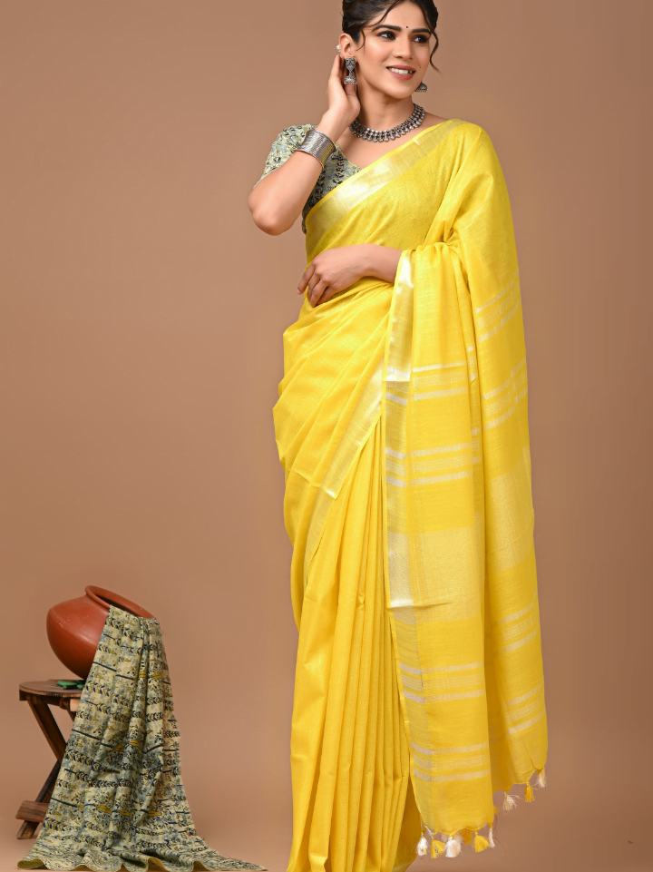 Plain Cotton Linen Sarees With Ajrakh Blouse