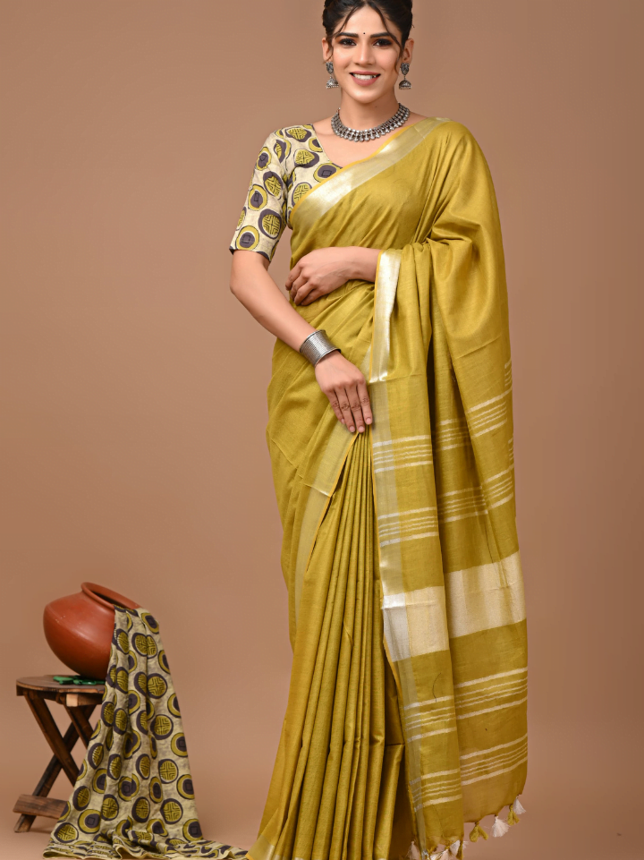 Plain Cotton Linen Sarees With Ajrakh Blouse