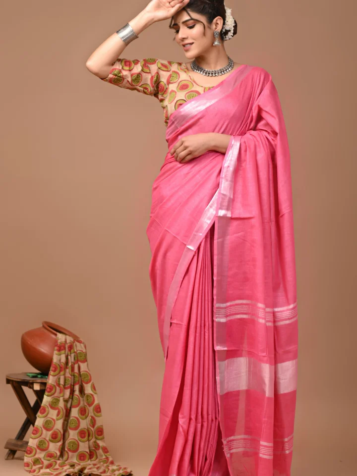 Plain Cotton Linen Sarees With Ajrakh Blouse