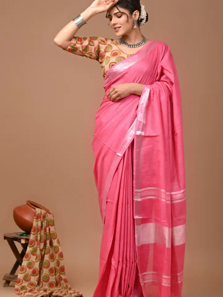 Plain Cotton Linen Sarees With Ajrakh Blouse