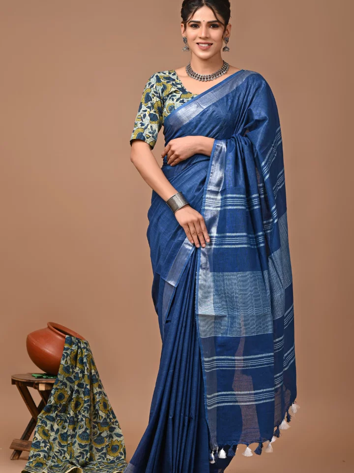 Plain Cotton Linen Sarees With Ajrakh Blouse