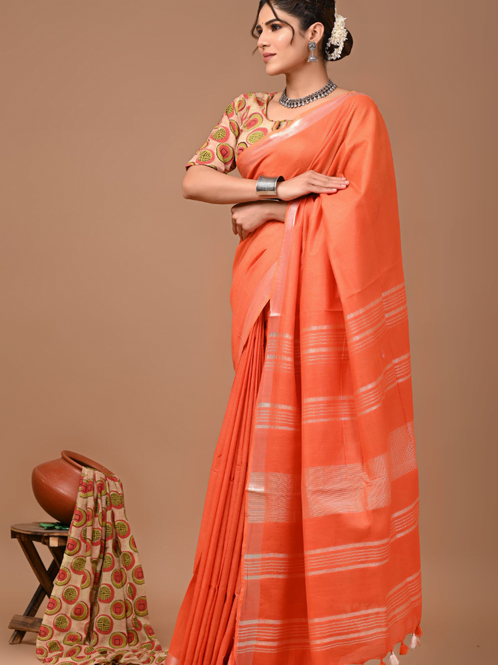 Plain Cotton Linen Sarees With Ajrakh Blouse