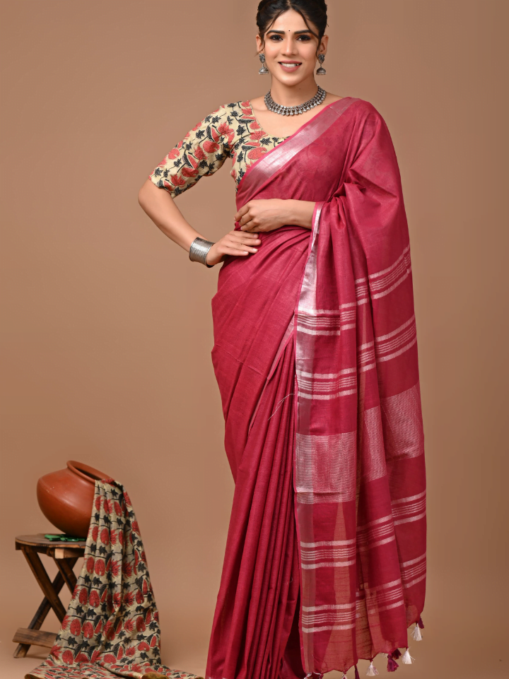 Plain Cotton Linen Sarees With Ajrakh Blouse