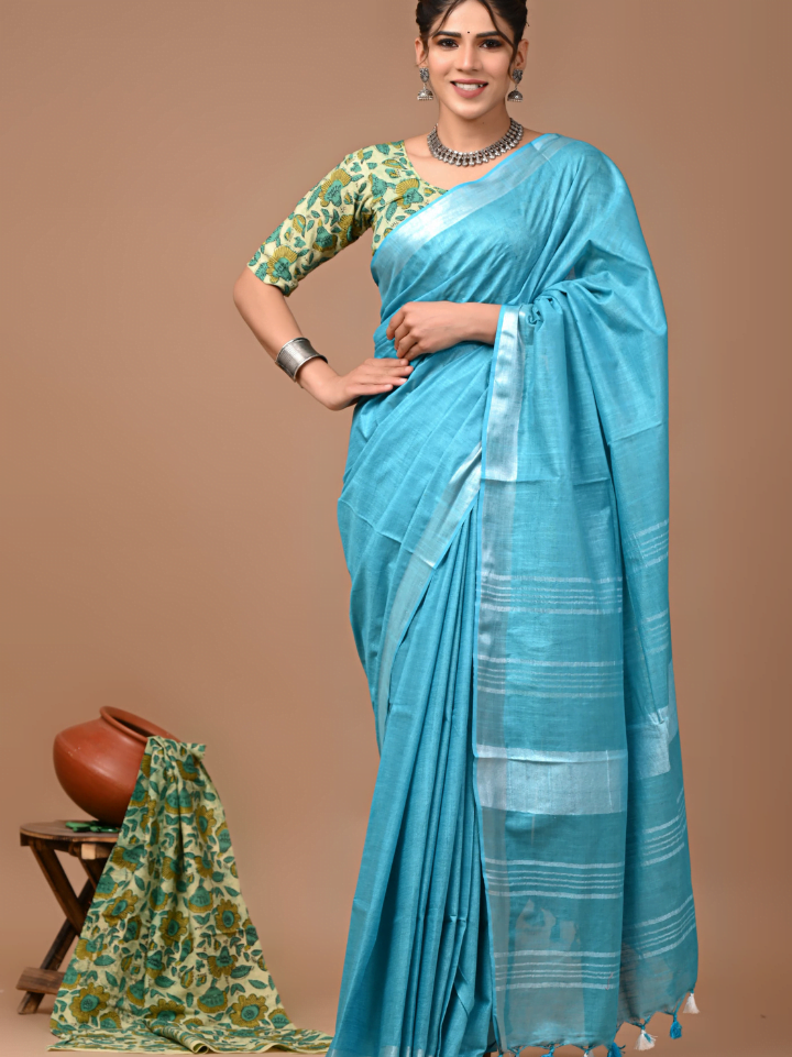 Plain Cotton Linen Sarees With Ajrakh Blouse