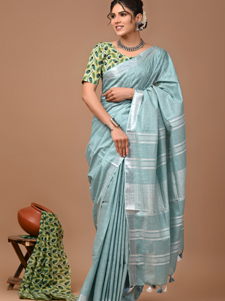 Plain Cotton Linen Sarees With Ajrakh Blouse