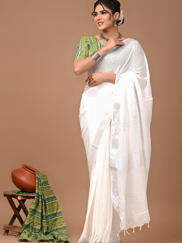 Plain Cotton Linen Sarees With Ajrakh Blouse