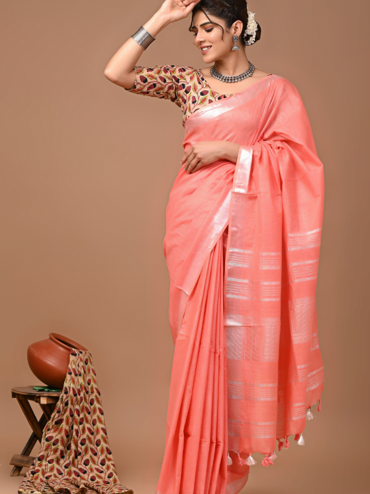 Plain Cotton Linen Sarees With Ajrakh Blouse