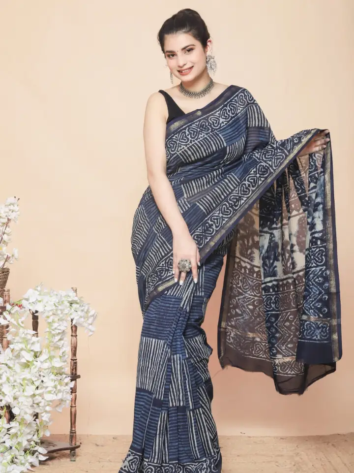 blue grey striped chanderi silk saree — hand block printed Bagru Jaipur SA Fab