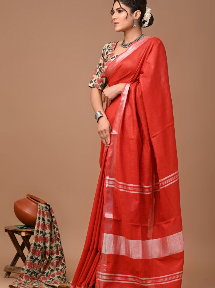 Plain Cotton Linen Sarees With Ajrakh Blouse