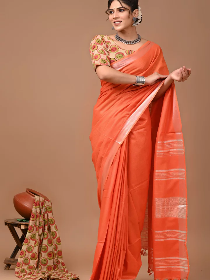 Plain Cotton Linen Sarees With Ajrakh Blouse