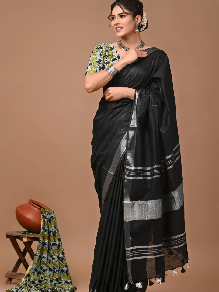 Plain Cotton Linen Sarees With Ajrakh Blouse