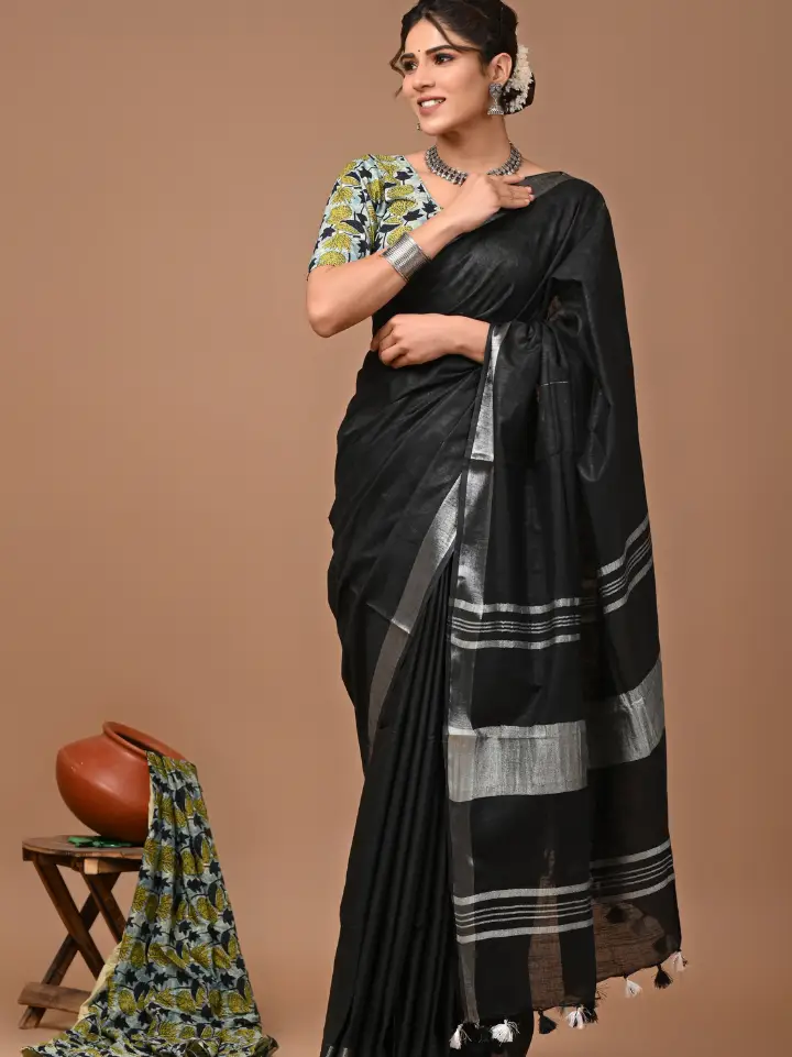 Plain Cotton Linen Sarees With Ajrakh Blouse