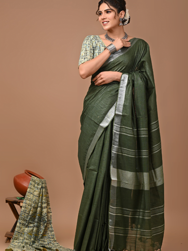 Plain Cotton Linen Sarees With Ajrakh Blouse