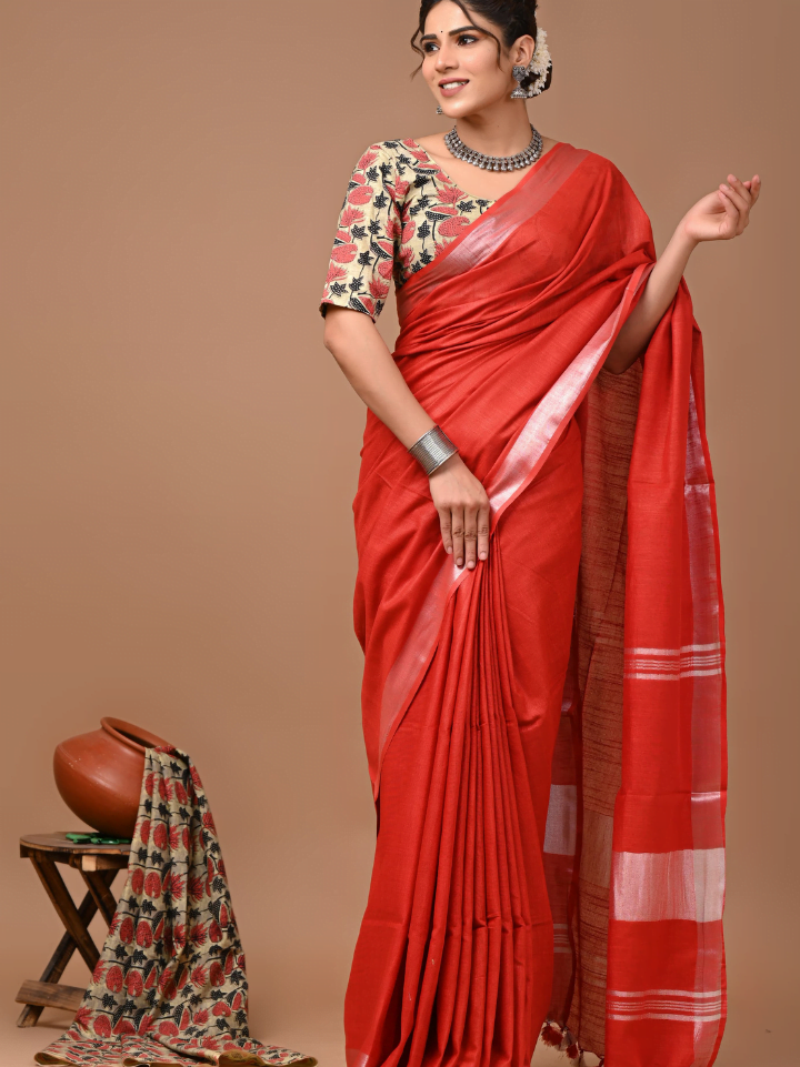 Plain Cotton Linen Sarees With Ajrakh Blouse