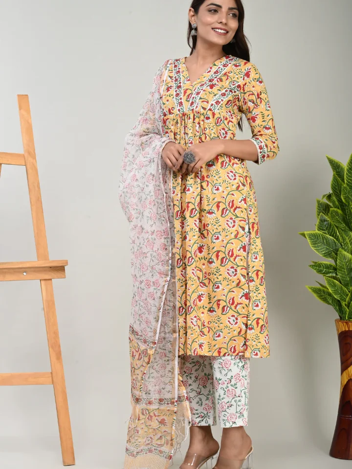 pleated kurta straight pants cotton suit set — hand block printed Bagru Jaipur SA Fab
