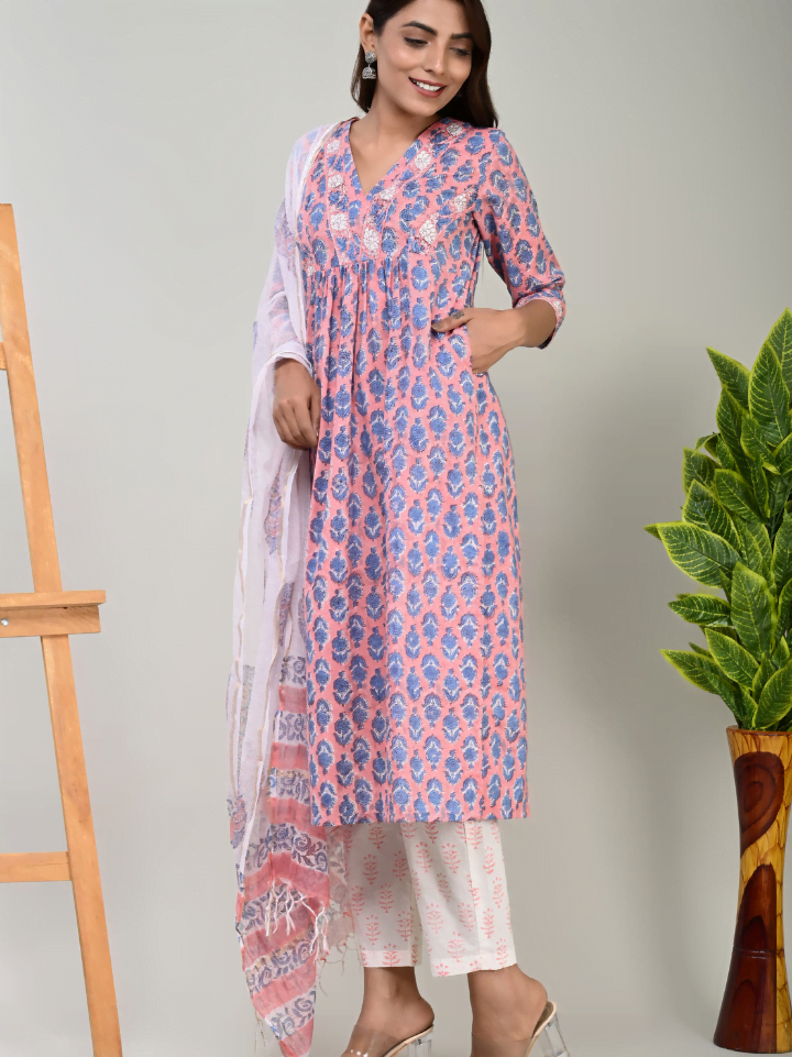 Designer Cotton Suit with Kota Doria Dupatta