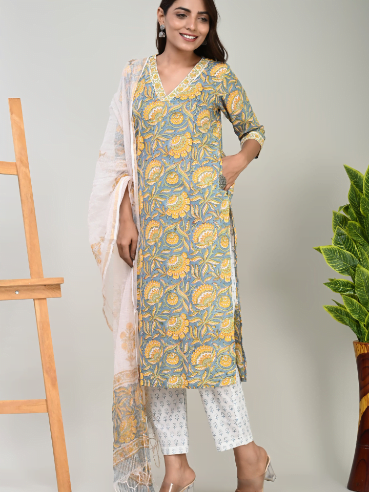 Designer Cotton Suit with Kota Doria Dupatta