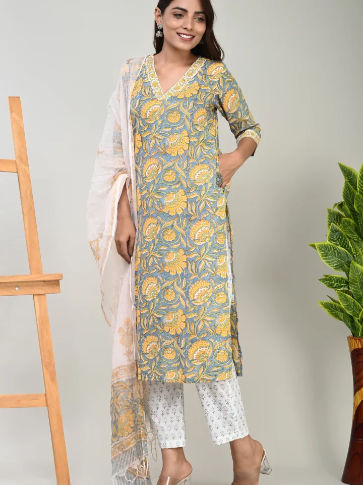 Designer Cotton Suit with Kota Doria Dupatta