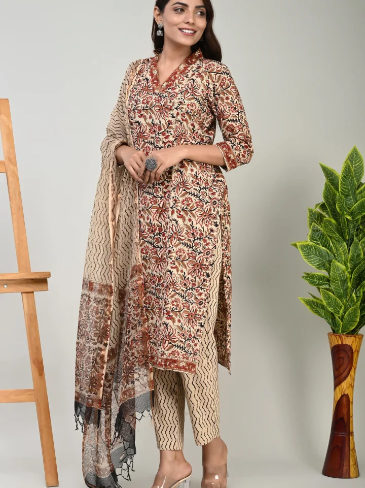 Designer Cotton Suit with Kota Doria Dupatta