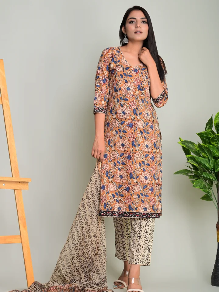 pastel floral block print a-line cotton suit set — natural dye hand block printed Bagru Jaipur SA Fab