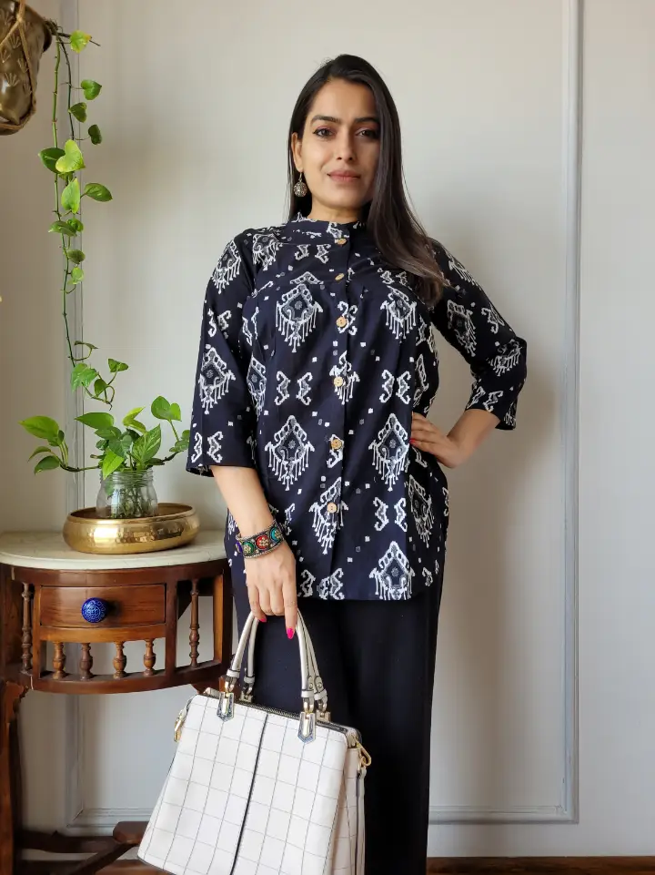 Deep navy white print peplum tops ethnic — pure cotton hand block printed Bagru SA Fab