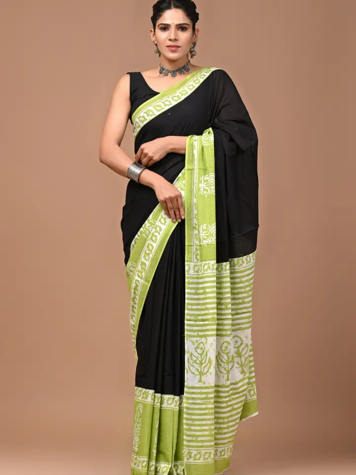 black cotton saree gooseberry border hand block printed Bagru Jaipur SA Fab
