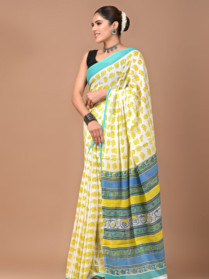 Elephant Print Cotton Saree For Women