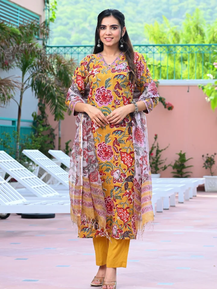 paneled kurta straight pants cotton suit set — hand block printed Bagru Jaipur SA Fab