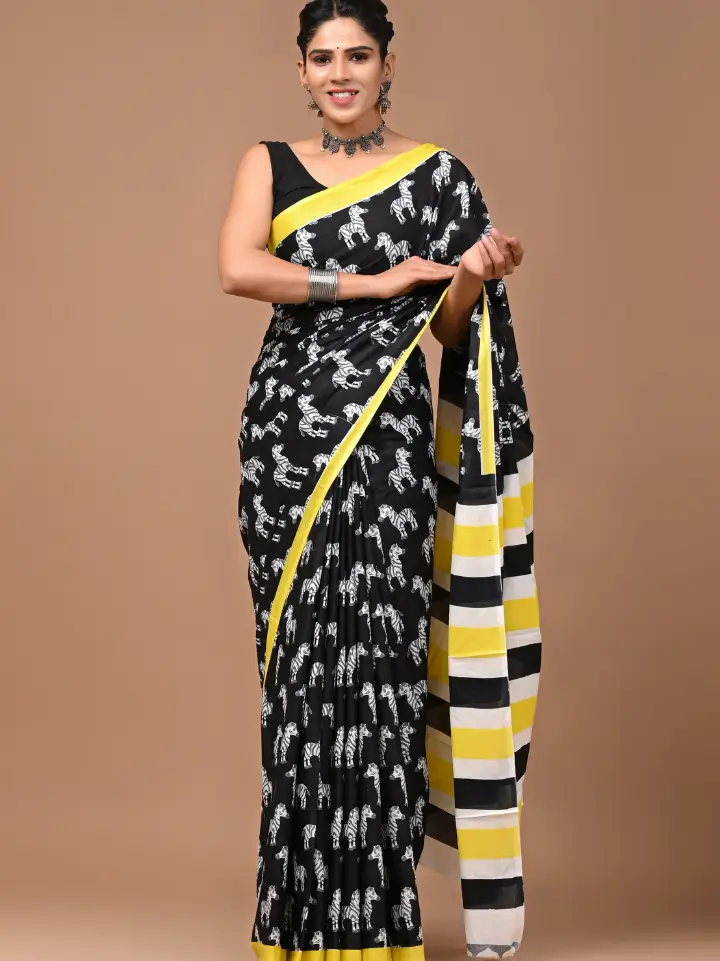 black zebra print mulmul cotton saree hand block printed Bagru Jaipur SA Fab