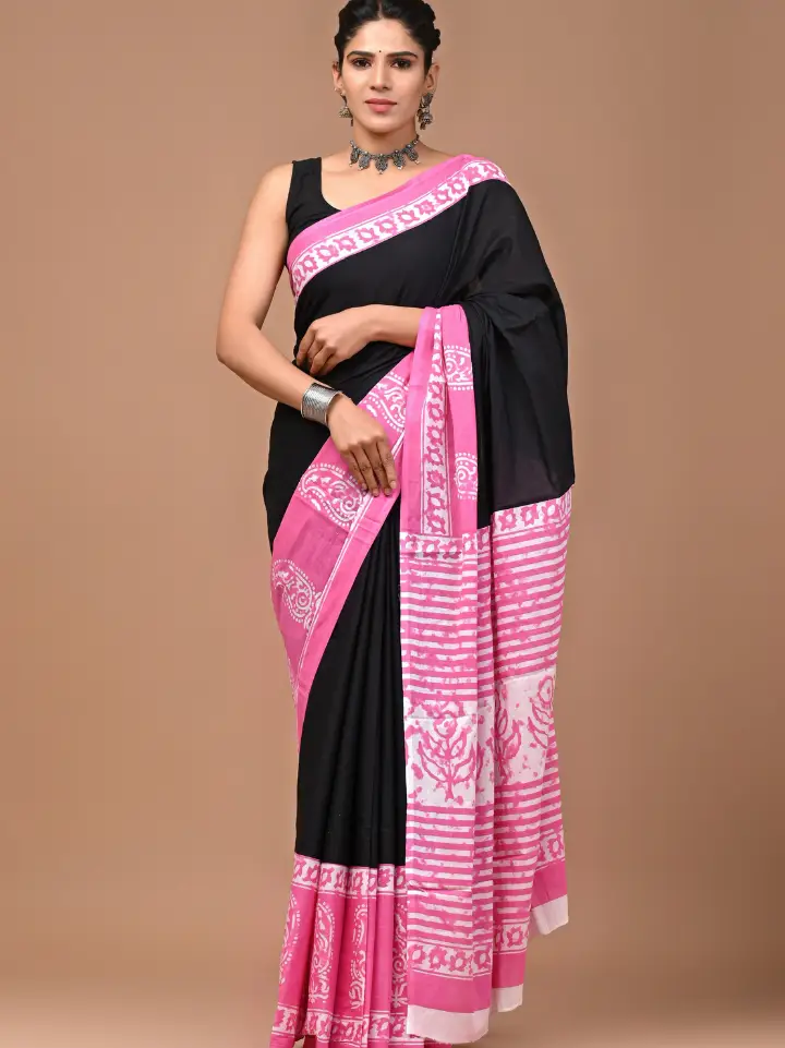 black pure cotton saree pink printed border hand block printed Bagru Jaipur SA Fab