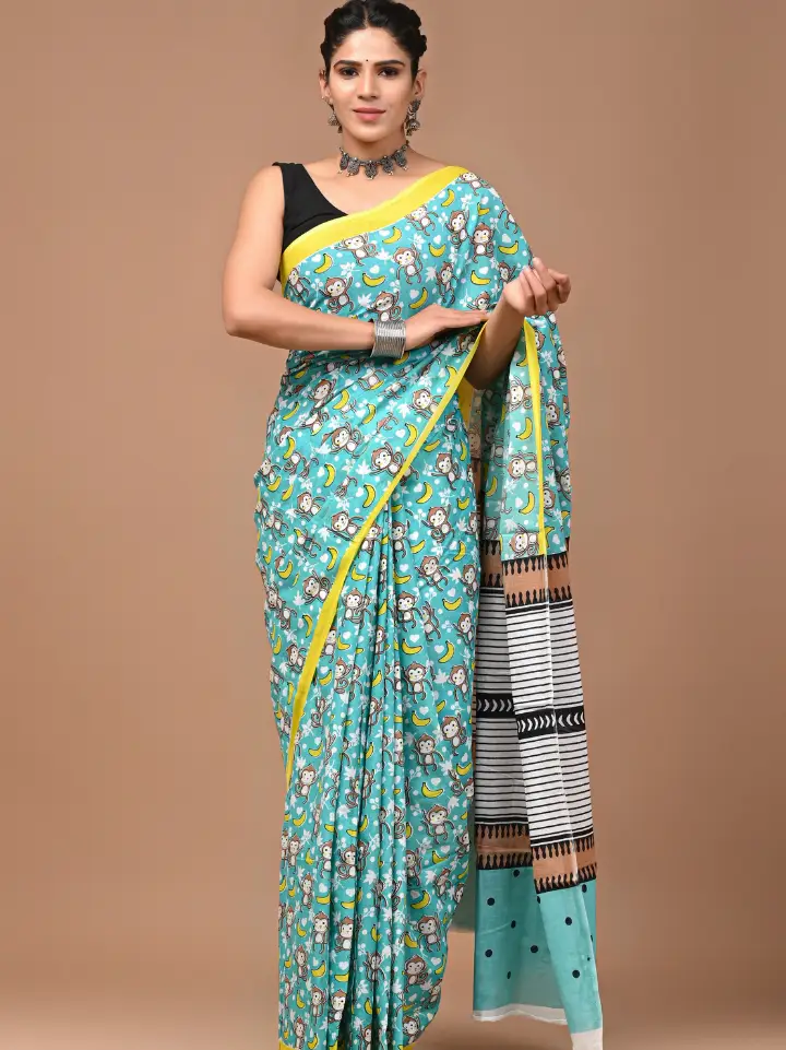 blue green cotton saree monkey motifs hand block printed Bagru Jaipur SA Fab
