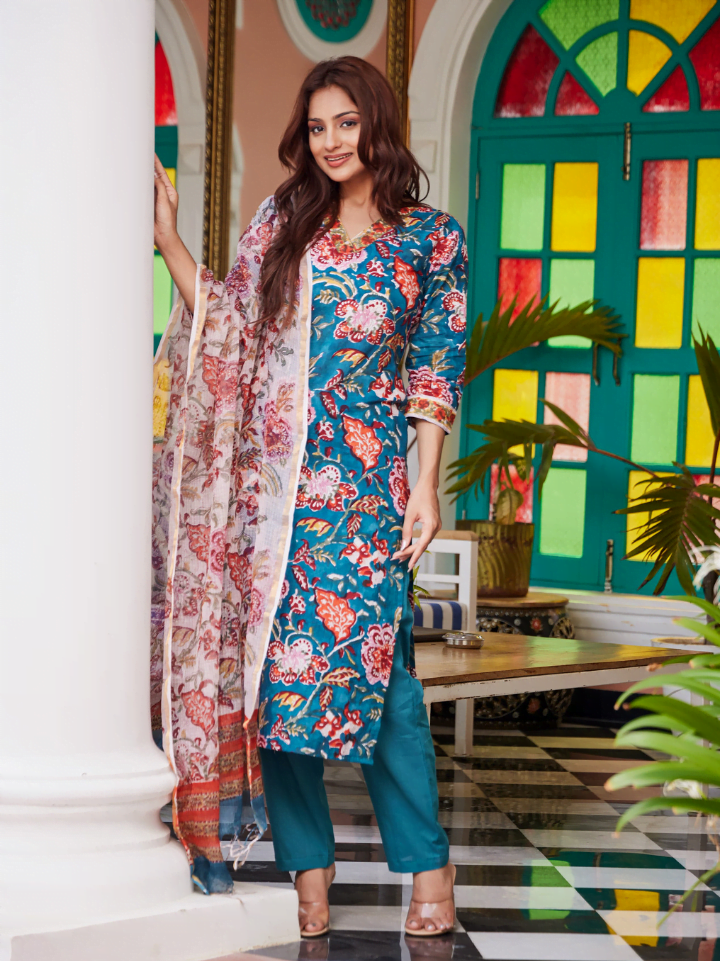 Designer Cotton Suits with Kota Dupatta