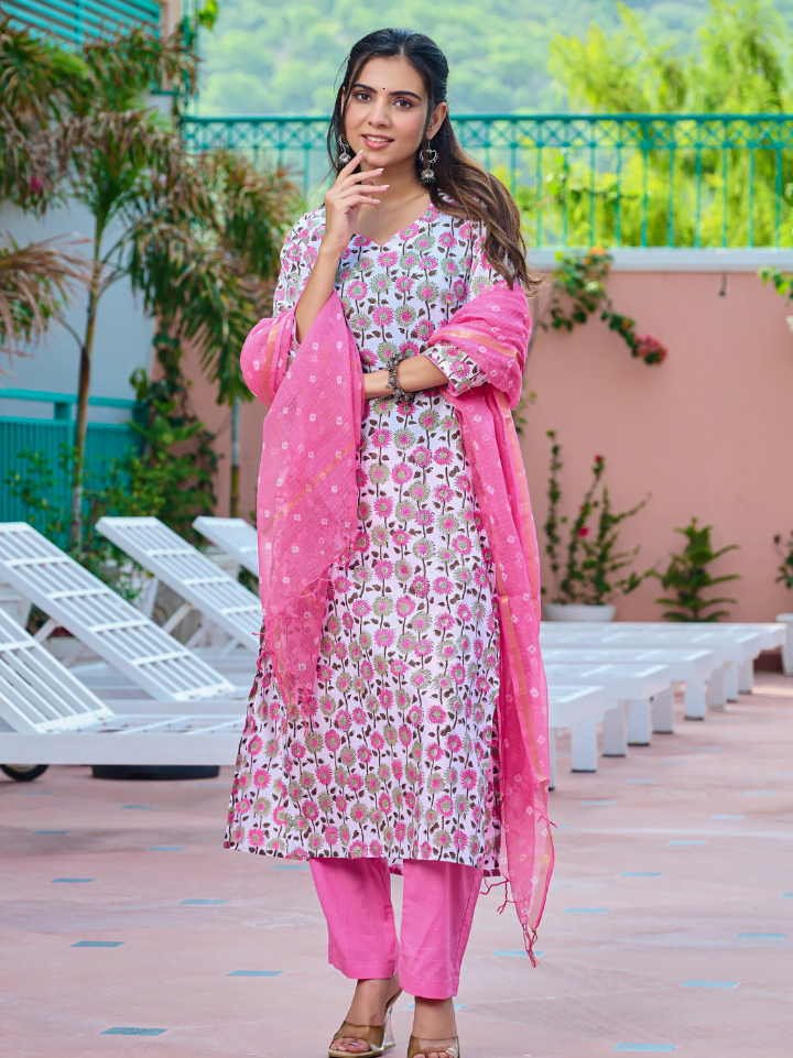 Designer Cotton Suits with Kota Dupatta