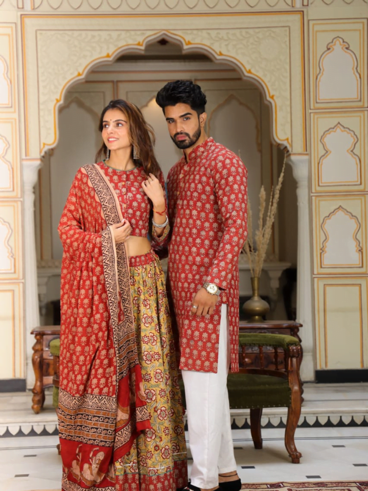 Block Printed Lehenga and Kurta for Couples