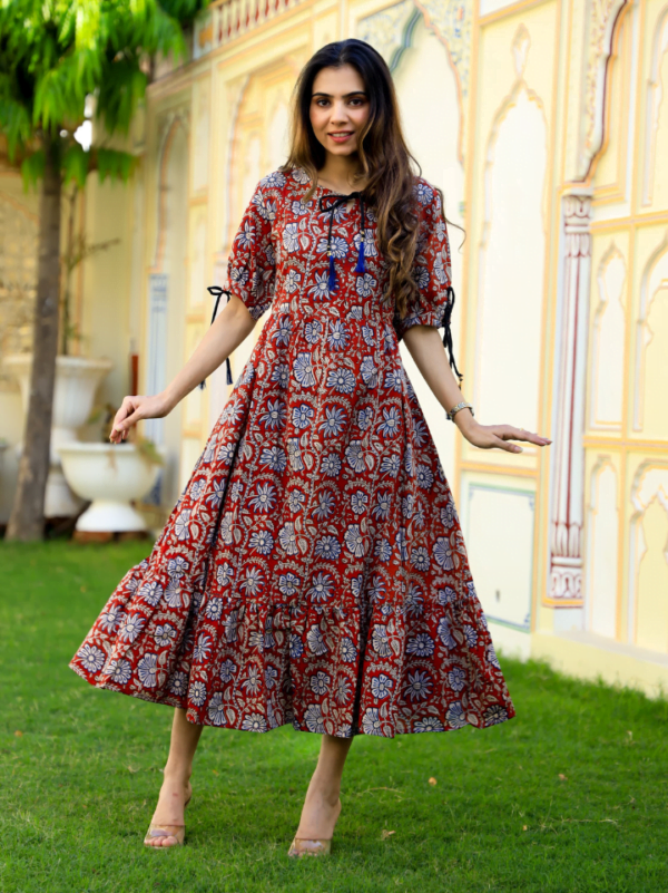 Printed Cotton One Piece Dress with Tassels