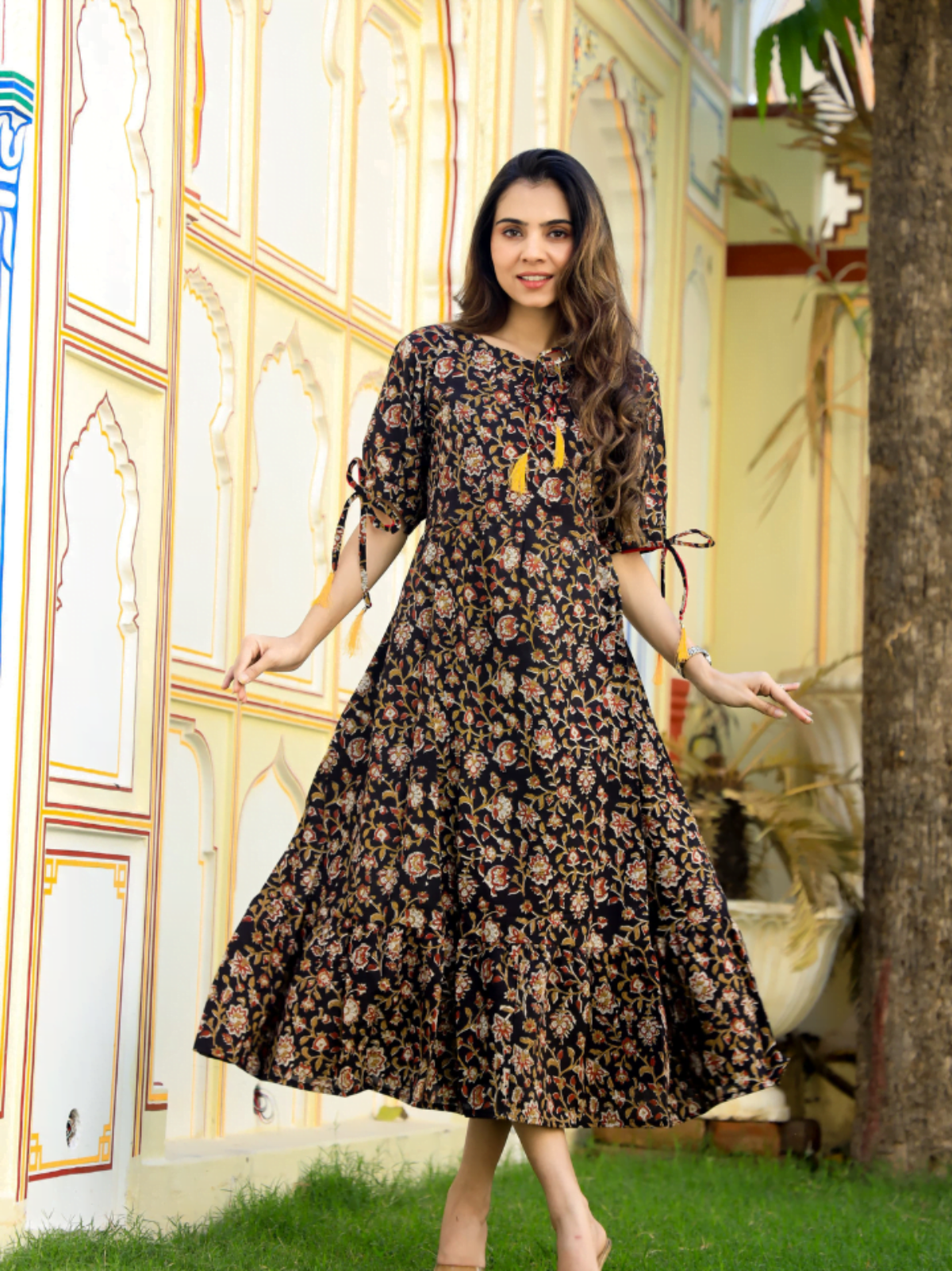 dress piece design Printed Cotton One Piece Dress with Tassels