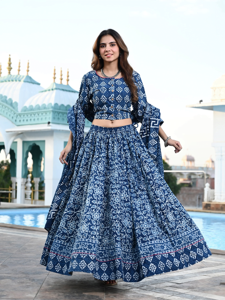 dark blue printed lehenga choli