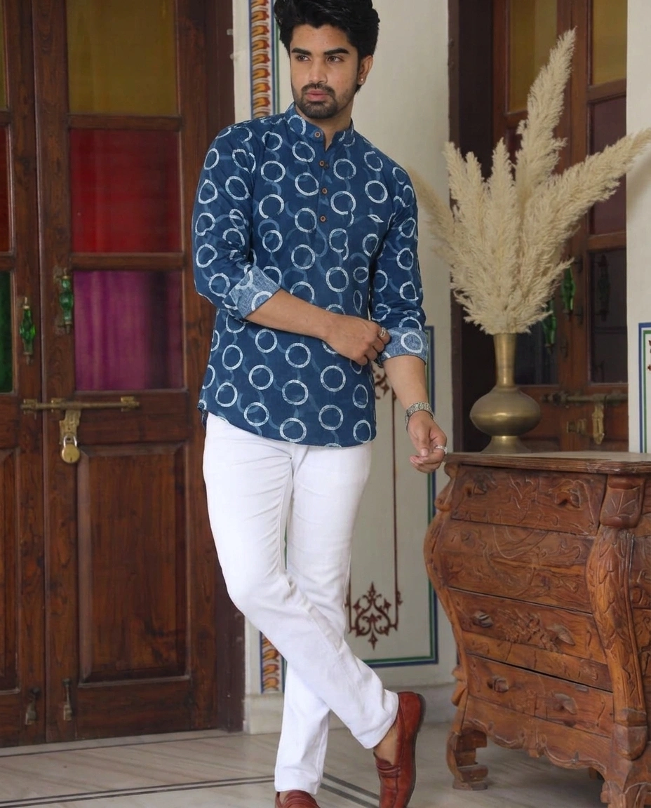 Indigo geometric print full sleeve short kurta — pure cotton festive hand block printed in Bagru, Jaipur | SA Fab