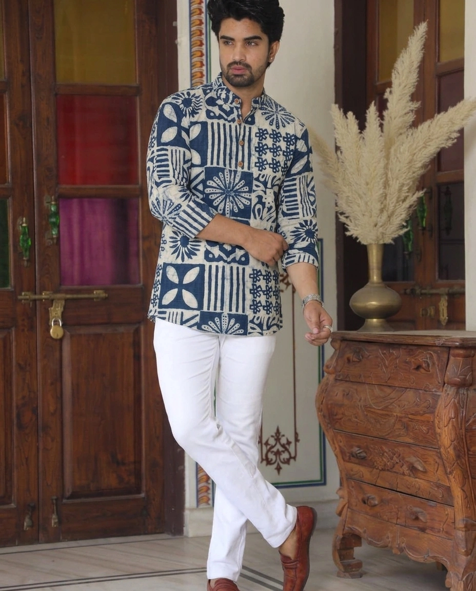 Indigo mosaic print full sleeve short kurta — pure cotton hand block printed in Bagru, Jaipur | SA Fab