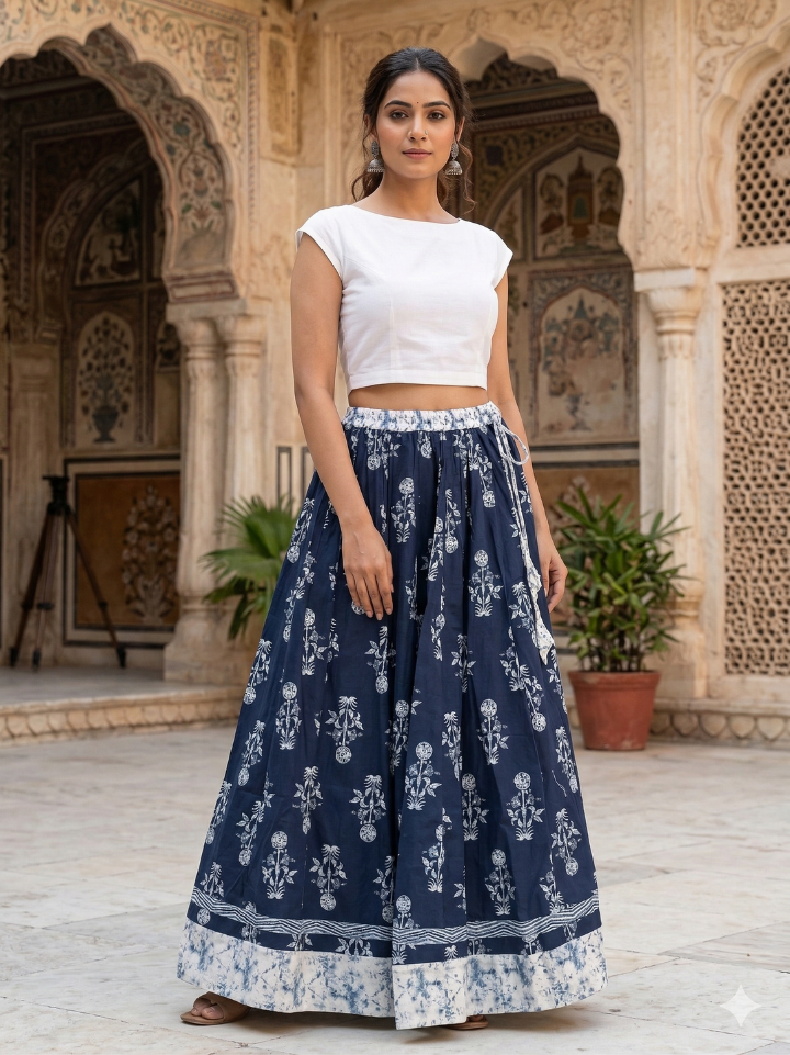 Deep navy blue floral cotton a line skirt โ 28 panel hand block printed Bagru SA Fab