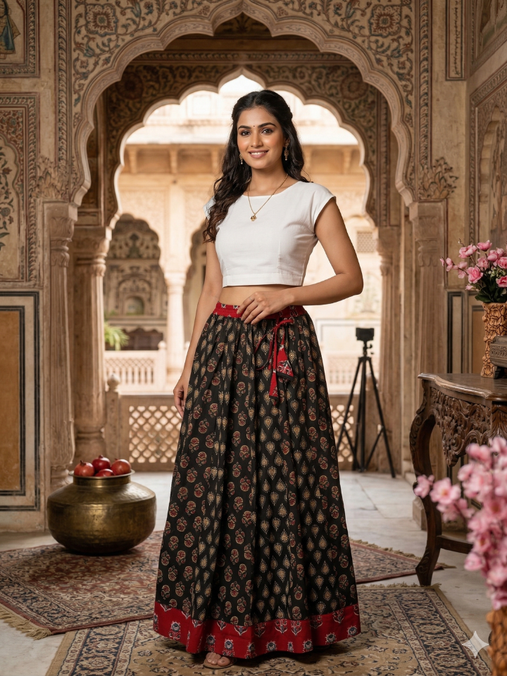 Rich black traditional print cotton skirts for women โ 28 panel hand block printed Bagru SA Fab