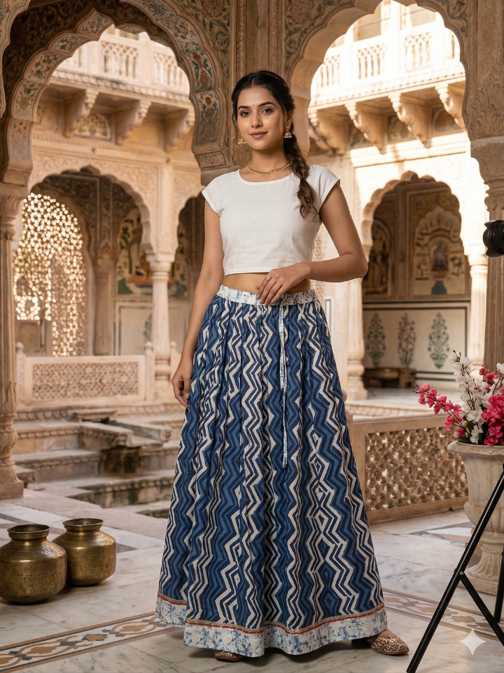 Blue and white zigzag print long cotton skirts — 28 panel hand block printed Bagru SA Fab